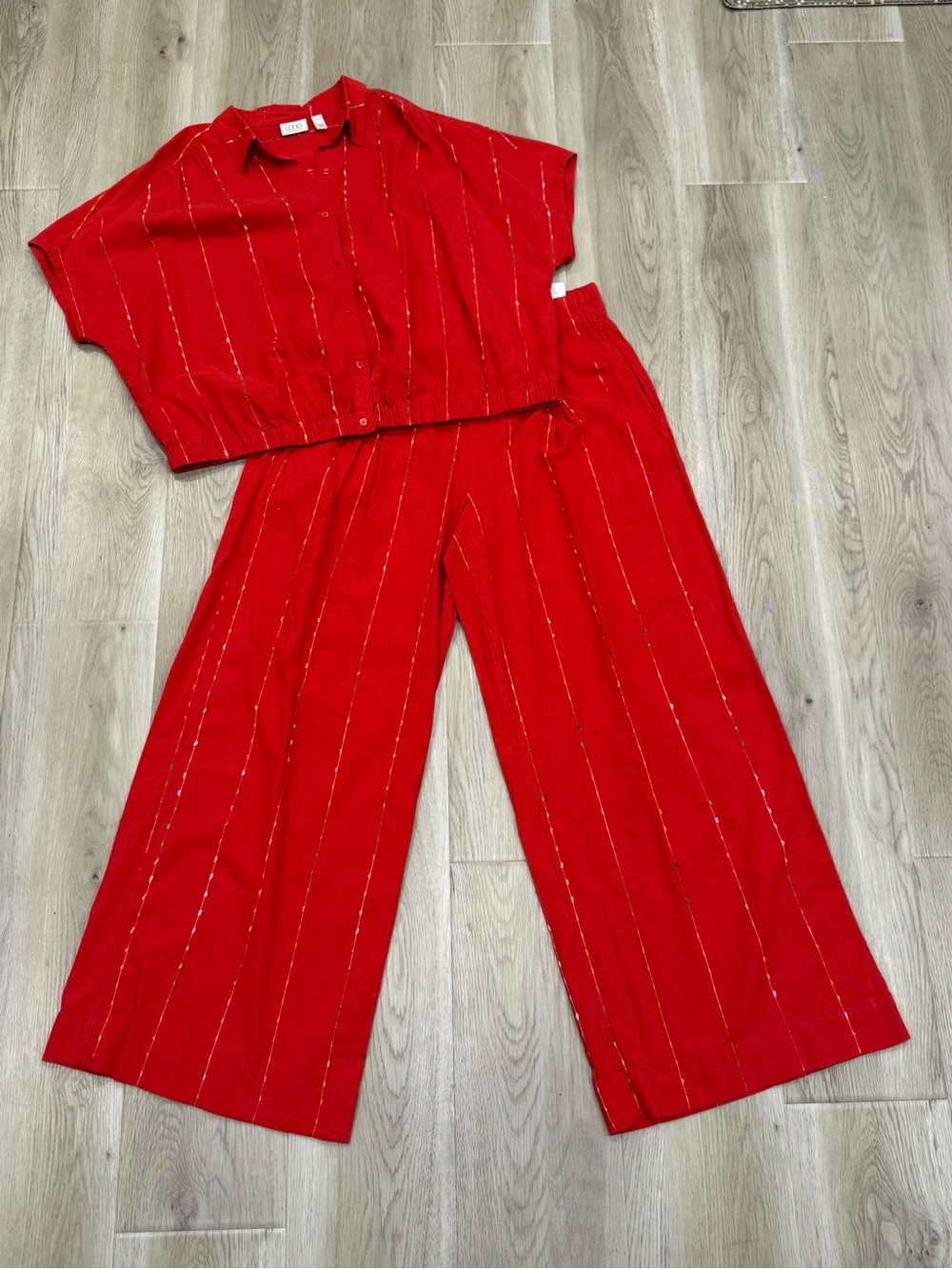 Red Cotton Matching Set Wide Leg Pants Cropped Shirt Multicolor